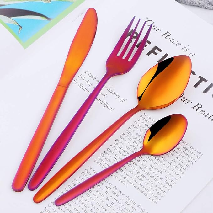 32-Piece Silverware Set for 8 BuyGo Stainless Steel Multicolor Camping Flatware Dinnerware Sets Hand Polish Dishwasher Safe