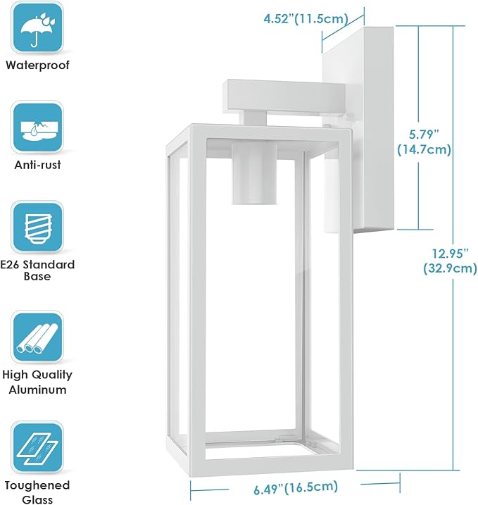 MAXvolador Outdoor Wall Lantern Exterior Waterproof Wall Sconce Light Fixture White Anti-Rust MountLights Clear Glass E26 Porch Patio Lighting