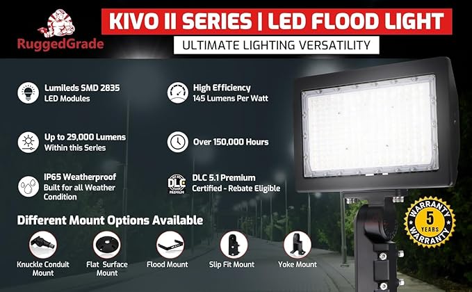 RuggedGrade 120W LED Flood Light - Kivo II CS Series - 17400 Lumens - Color Selectable 3000K/4000K/5000K - Flood Mount with Photocell - Outdoor LED Fixture - DLC 5.1 Premium