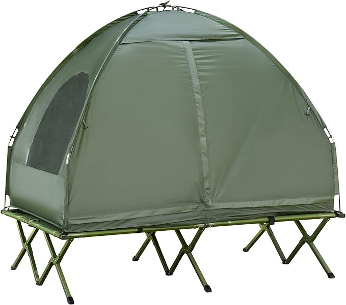 2 Person Camping Cot with Tent &amp Air Mattress 4-in-1 Portable Foldable Elevated Bed for Adults Outdoor Hiking Backpacking Includes Pump &amp Bedspread 76 x 57 Dark Green (76x57)