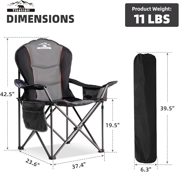 Oversized Camping Chairs with Cooler Bag &amp Cup Holder - Set of 4 Heavy-Duty 500lbs Folding Chairs (Steel Frame Padded Seat Black &amp Gray)