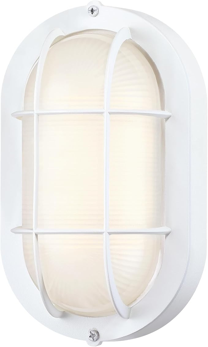 Oval Bulkhead Light Fixture Dimmable Outdoor Wall Lantern LED Nautical and Sauna Light 600 Lumen 3000K Warm White Waterproof White Aluminum with Forested Glass 1-Pack