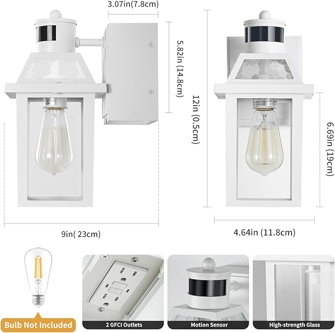 Yisuro Porch Lights with GFCI Outlet Dusk to Dawn Motion Sensor Outdoor 3 Lighting Modes Exterior Light Fixture Outside for House Front Door Patio Garage(White)