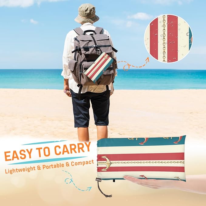 Waterproof Sandproof Beach Blanket 59''×68'' Ocean Anchor Pattern Polyester Outdoor Picnic Blanket with 4 Stakes &amp Storage Bag for BeachCampingVacation