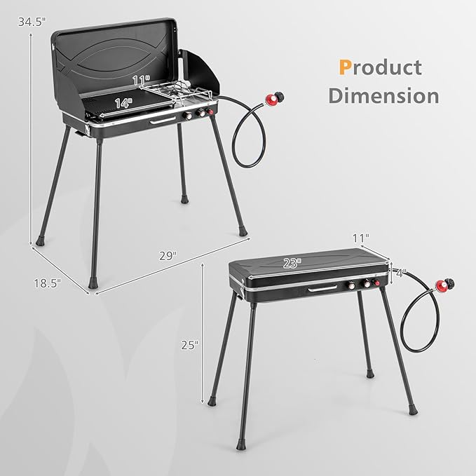 Nightcore 2-Burner Propane Camping Stove Portable Camp Grill with Detachable Legs Roast Grill &amp 3-Sided Wind Screen 22000 Total BTUs of Power Outdoor Grill Stove for Camping BBQ Picnic Black