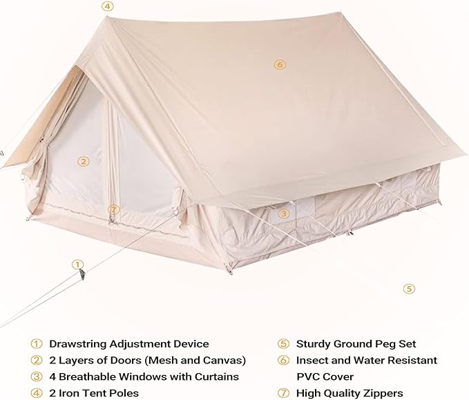 Canvas Cabin Bell Tent for 3-4 Person Waterproof Glamping Yurt Tent Breathable All Seasons Outdoor Camping Tent 6.69*8.2*4.92'