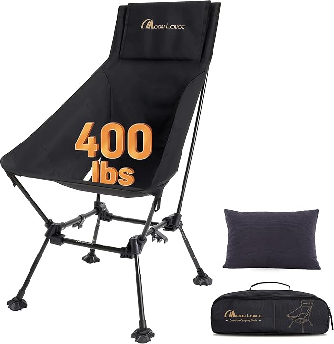 MOON LENCE Oversized High Back Camping Chair with Pillow for Adults Height Adjustable Folding Chair with 400 lbs Capacity Hidden Pillow Pocket &amp Wide Seat for Camping Fishing Base Camp Black