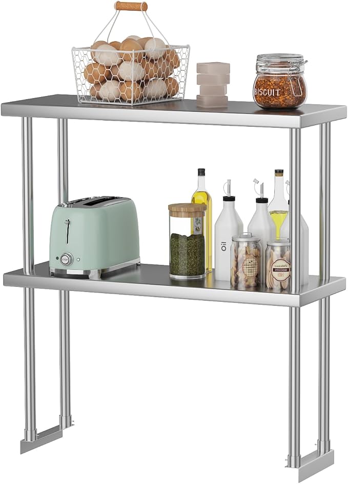 12X30 Stainless Steel Double Overshelf 2-Tier Adjustable NSF Certified Shelf for Prep &amp Work Table Commercial Restaurant Kitchen Garage Utility Room Use