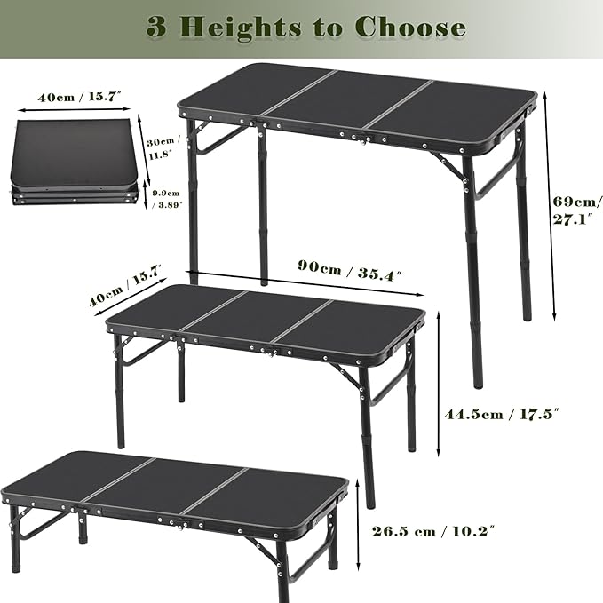 Portable Folding Camping Table Lightweight Aluminum Outdoor Picnic Table with Adjustable Height Compact &amp Sturdy Kid Table for Camping Hiking Backyard Beach Black