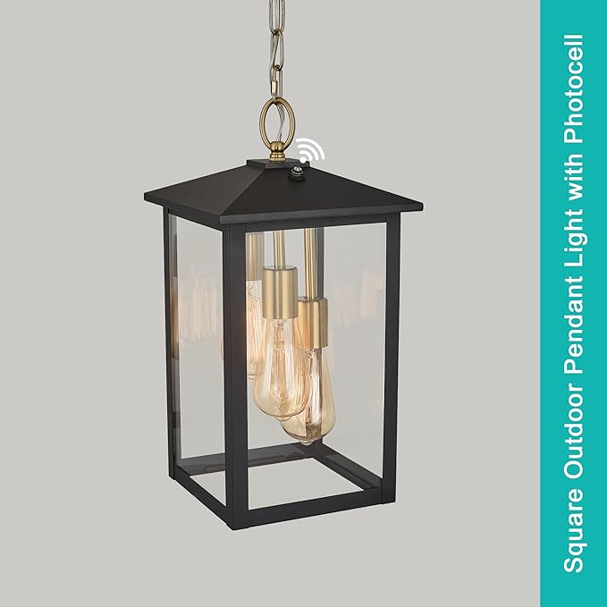 17IN Large Dusk to Dawn Outdoor Pendant Light 3-Light Modern Black Metal Outside Chandelier Exterior Hanging Fixture Ceiling Mount with Clear Glass for Front Porch Entrance Entryway