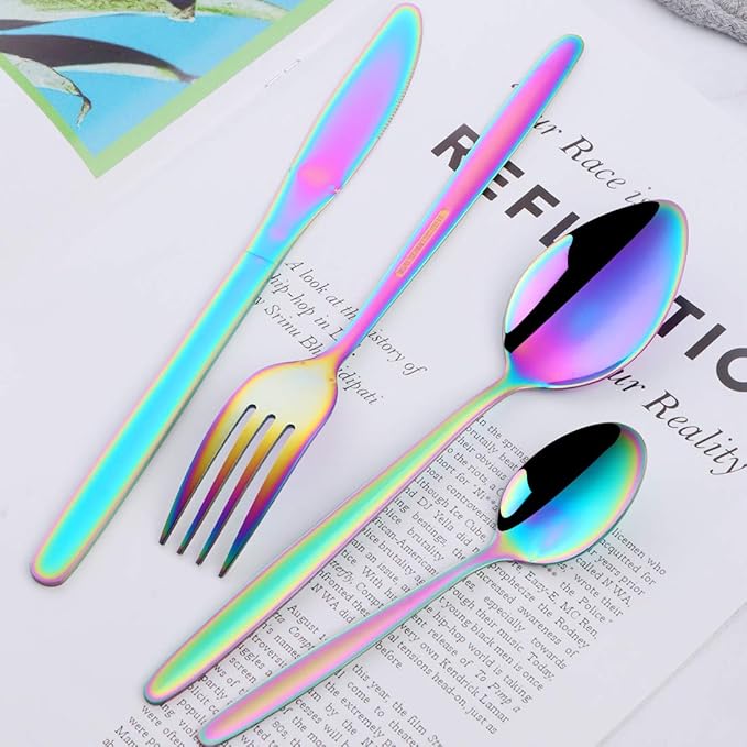BuyGo Rainbow Silverware Flatware Set 16-Piece Light Weight Stainless Steel Eating Utensil Service for 4 Include Knife Fork Spoon Dishwasher Safe