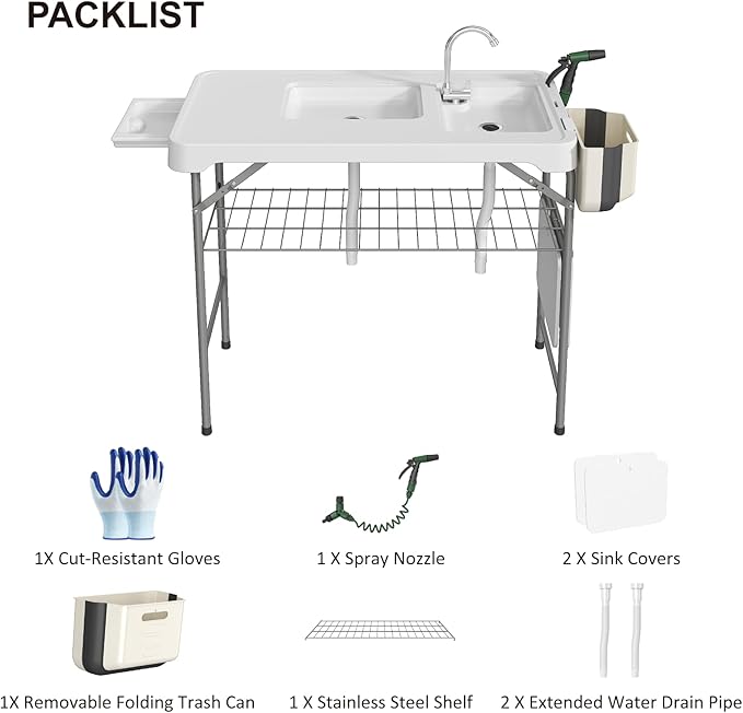42.5 Fish Cleaning Table with Dual Sink Portable Folding Camping Table with Faucet Sprayer Grid Rack Hose Hook Up &amp Knife Groove Outdoor Sink Station for Picnic Beach Patio