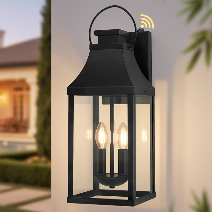 tewei Dusk to Dawn Outdoor Lighting Fixture 20'' Large Porch Lights Outdoor Sconce Lights 2-Light Black Exterior Lights for House Waterproof Outside Patio Lanterns for House Garage 1-Pack