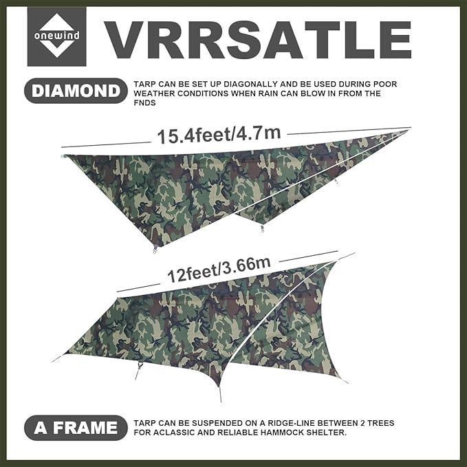 Onewind 12×10 ft Camo Camping Tarp Billow Tarp Shelter Lightweight Waterproof Hammock Rainfly for Stealth Camping Army Military Bushcraft Easy to Setup with Tent Pegs and Guyline Camouflage