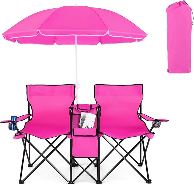 Double Beach Chair 2-Person Portable Loveseat w/Removable Umbrella Cup Holders &amp Carrying Bag Folding Camping Chairs for Adults Outdoor Picnic (Pink)