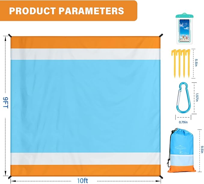 Beach Blanket Oversized Extra Large 10'X 9'Waterproof Sandproof Beach Blanket 2-8 Adults Lightweight Durable for Travel Camping Hiking Picnic (10'X 9' Orange&ampBlue)