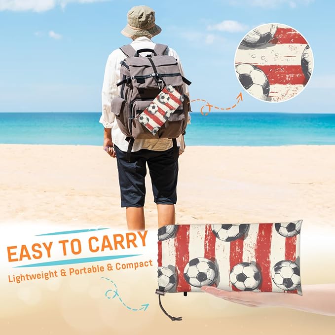 Waterproof Sandproof Beach Blanket 59''×68'' Sports Stripe Polyester Outdoor Picnic Blanket with 4 Stakes &amp Storage Bag for BeachCampingVacation Football