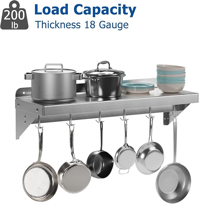2 pack Metal Multifunctional Storage Rack with Backplash for Kitchen [NSF Certified] 12 x 36 Stainless Steel Wall Mount Shelf with 6 Hooks for Hanging Pots Panscookware in Home and