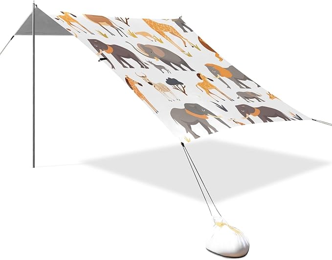 Lion Elephant Camping Sun Shelter Beach Tent Portable Beach Sun Shade Outdoor Canopy for Camping Trips Fishing Picnic