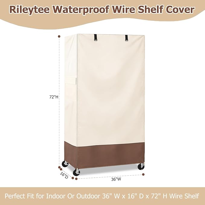 Rileytee Wire Shelf CoverHeavy Duty 600D Dustproof Waterproof Shelf Covers for Wire ShelvingOutdoor Storage Rack Cover for Rack with Zipper36 W x 16 D x 72 H(Beige &amp Brown)