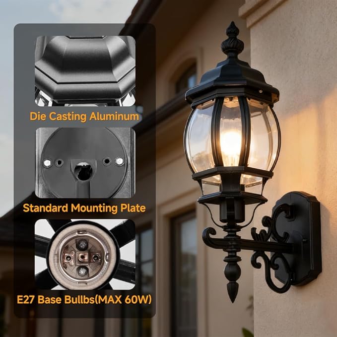 Hoteche Outdoor Wall Lantern – Aluminum Exterior Wall Light Fixture for Porch Patio Garage – E27 Socket 60W Max Weatherproof Sconce (Bulb Not Included)