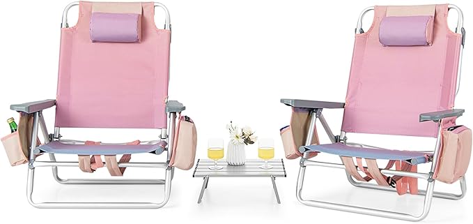 Tangkula Backpack Beach Chair with Table 5-Position Lay Flat Chairs with Cooler Bag 2 Cup Holders Towel Bar Lightweight Low Folding Chair with Backpack Straps Pink