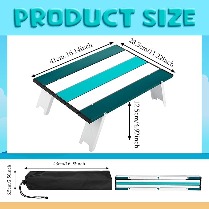 Beach Table Folding Camping Portable Table Striped White Aluminum Side with Carry Bag for Camping Picnics and Outdoor Activities(16x11x5 inCyan Green)
