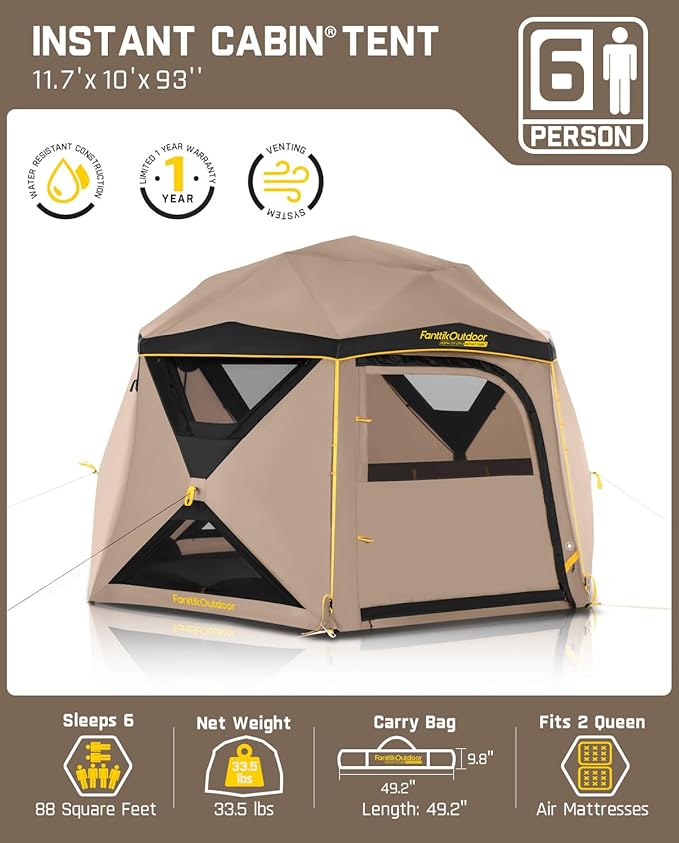 FanttikOutdoor Alpha C6 Ultra Instant Cabin Tent 6 Person Pop Up Camping Tent Setup in 60 Seconds Portable with Rainfly &amp Windproof for Outdoor Camping &amp Overlanding Khaki