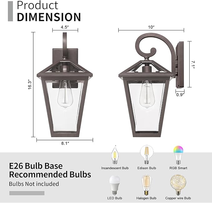 Outdoor Light Fixtures Wall Mount Waterproof Exterior Wall Lanterns with Glass Outside Wall Sconces Front Porch Lights for House Garage Doorway Patio Oil-Rubbed Bronze