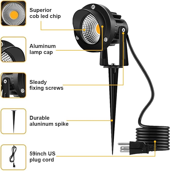 Romwish 120V LED Landscape Lights 10W 120V Outdoor Landscape Lighting with Ground Spike 3000K Warm White IP65 Waterproof Outdoor Spotlight for Lawn Garden Yard Flag Light (Pack of 6)