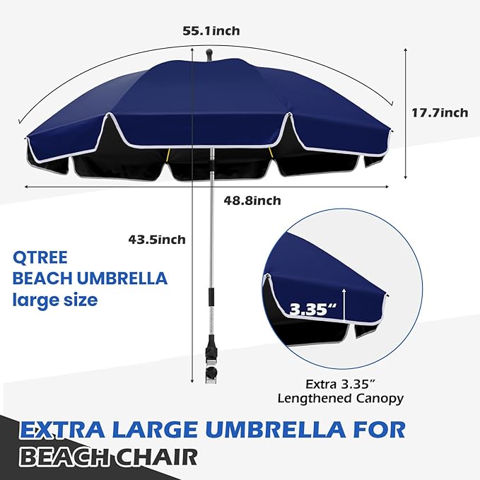 48.8 inch Beach Umbrella with Clamp Sun Shade for Beach Chair 360°Adjustable UV Protection Golf Umbrella with Clip for Outdoor Stroller Wheelchair Camping Chair（ink blue）