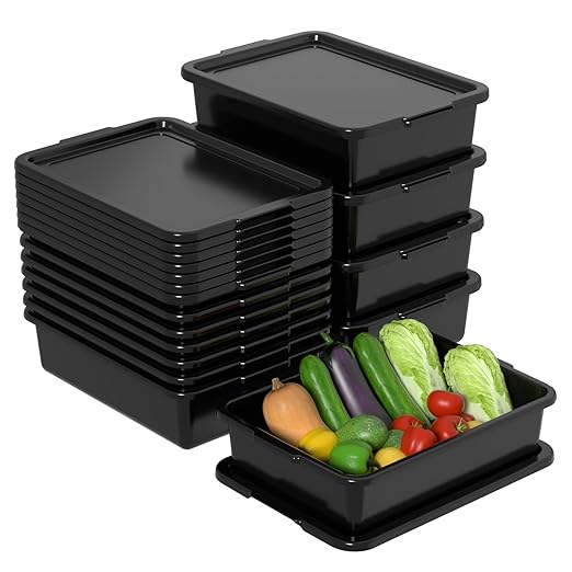 13 L Bus Tubs with Lids Set of 12 Black Plastic Dishpan Basin Rectangle Utility Dish Tub