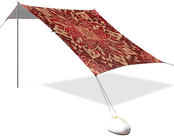 Mandala Red Beach Tent Sun Shelter 9.2' x 10.5' Beach Canopy with 4 Sandbags 4 Stability Poles Sand Shovels - Tent Canopy for Beach Camping Fishing Picnics