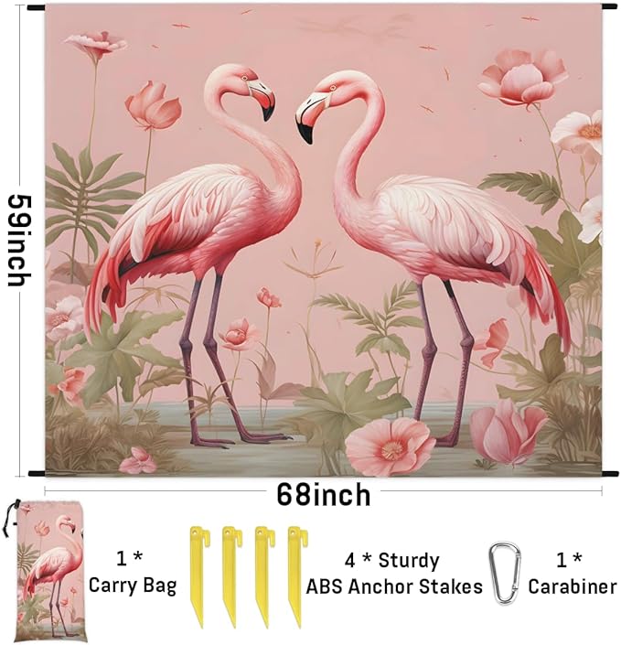 Waterproof Sandproof Beach Blanket 59''×68'' Flamingo Polyester Outdoor Picnic Blanket with 4 Stakes &amp Storage Bag for BeachCampingVacation Pink