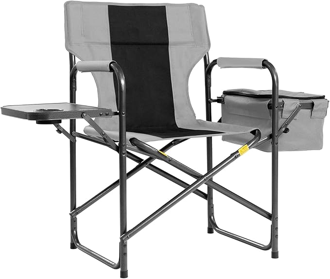Director Camping Chair with Cooler Bag &amp Foldable Side Tray - 400lbs Heavy Duty Outdoor Folding Lawn Chair Portable Camp Chair for Fishing/Backyard (Black &amp Gray)