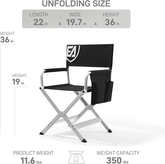 EVER ADVANCED Aluminum Directors Chair Folding Studio Movie Chairs Camping Event Vendor Chair 19 Seat Height Black Fabric/White Frame Support 350lbs