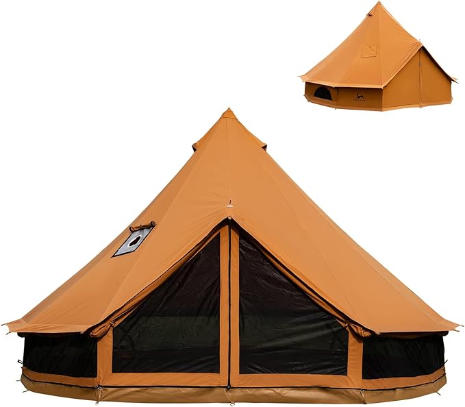 TOMOUNT Canvas Bell Tent with Stove Jack 4-6 Person Use with 360° Ventilated Mesh Dia13.1FT for Family Camping Glamping Yurt Tent 4 Seasons