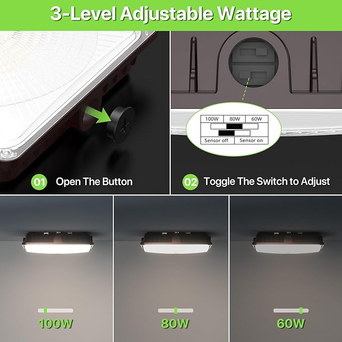 Glitgate LED Canopy Light with Motion Sensor: 100W/80W/60W Adjustable Outdoor Commercial Canopy Light IP65 Waterproof LED Ceiling Fixture for Gas Station Carport Parking Garage Warehouse