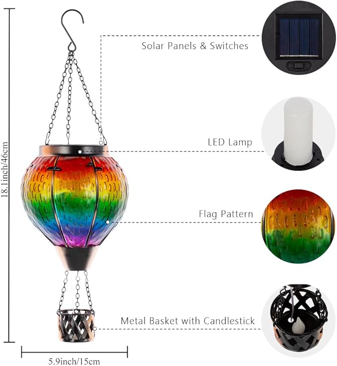 DREAMSOUL 2 PCS Solar Hot Air Balloon Lantern with Flame Glass Hanging Solar Lanterns Outdoor Waterproof for Lawn Patio Porch Decor
