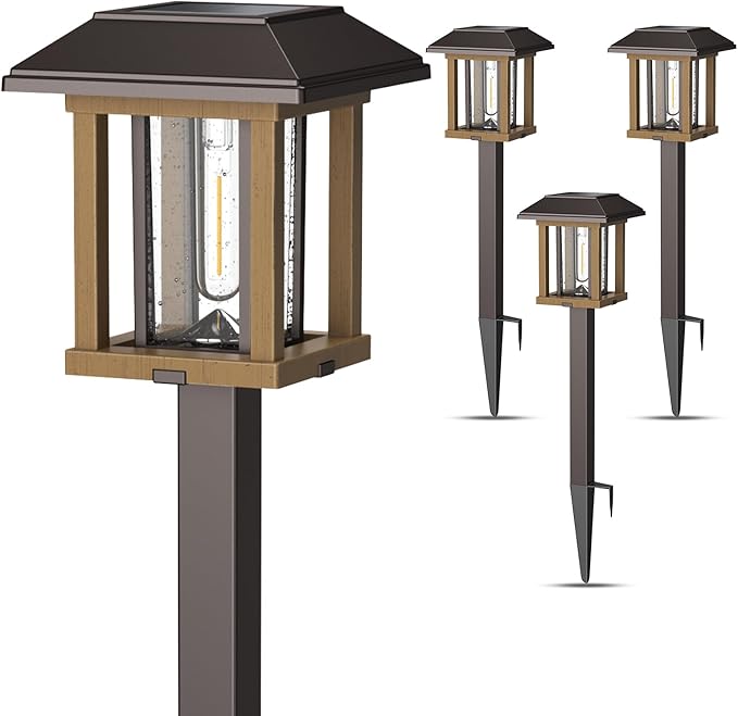 XMCOSY+ 4-Pack Solar Pathway Lights Outdoor 25 Lumens Vintage Edison LED Landscape Lighting IP65 Waterproof Seeded Glass &amp Metal Stakes Solar Powered Garden Lights for Yard Patio Walkway Drivewa