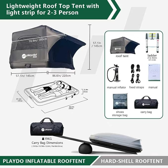 PlayDo Inflatable Rooftop Tent Easy Setup Camping Tent for The Roof of Sedans Pickup Blow Up Roof Top Tents SUV Truck Van Glamping Tent with Porch Strip Light for 2-3 Person