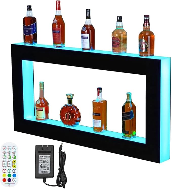 LED Lighted Bar Shelves Wall Mounted Wall Mounted Wine Rack Wine Bottle Holder 2-Tier 48 Inch Acrylic Whiskey Rack with Remote &amp App Control USB Powered for Home Bar &amp Commercial Use