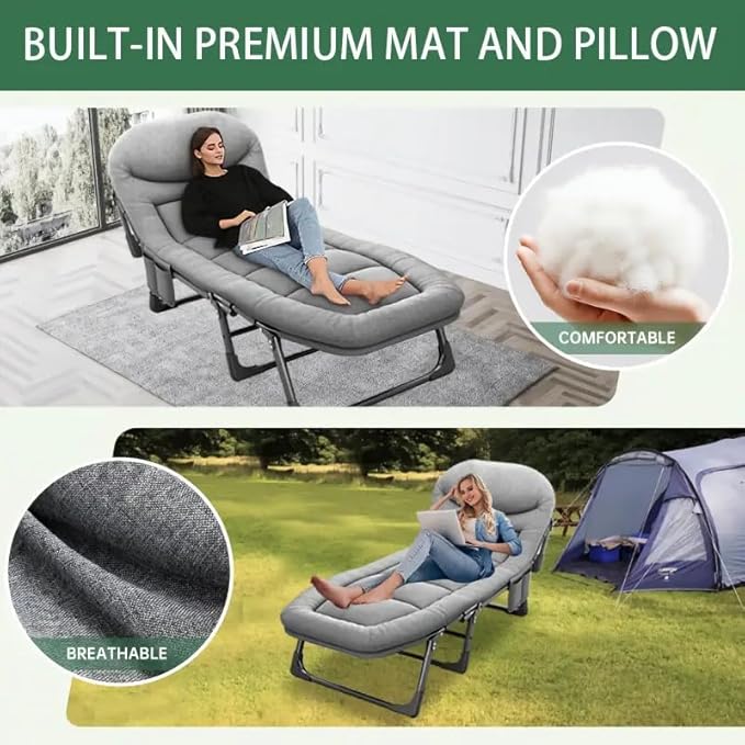 Leo IRis Portable Folding Camping Cot Oversize Adjustable 5-Position Adults Reclining Lounge Chairs with Pillow Heavy Duty Oxford Cloth 600D with Mattress (Gray - Luxury Bed)