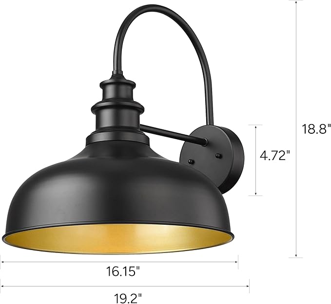 Bestshared Large Farmhouse Barn Lights 16 Inch Dome Outdoor Wall Lighting Fixture Industrial Vintage Sconces Lighting Exterior Mount Light Black Outdoor Wall Lantern for Porch (1Pack Black+ Gold)