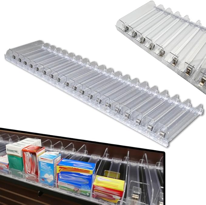 STORE FIXTURES DIRECT Auto Feed Shelf Product Pusher Kit Adjustable Pushing System for 36 L x 12 D Shelves 5 Pack - [70 Shelf Pushers + 75 Dividers]