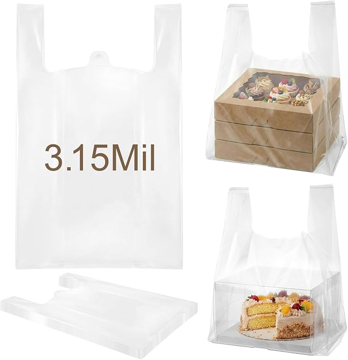 100 Pcs 3.15 Mil Large Plastic Take out Bags with Handles Heavy Duty Clear Shopping Bag Widened Grocery Bags for Pizza Bakery Cake Box (13.8x10x23.5)