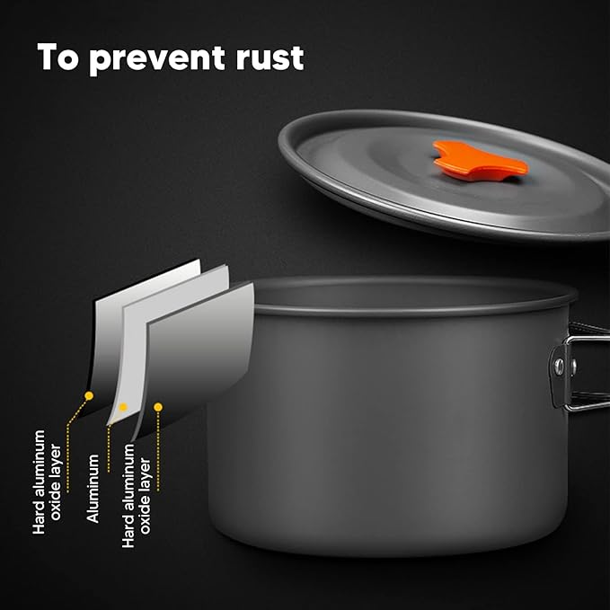 Camping Cookware Mess Kit Portable Cooking Set Hard Anodized Aluminum Lightweight Black - Non Stick Folding Utensils Ideal for Backpacking and Outdoor Cooking