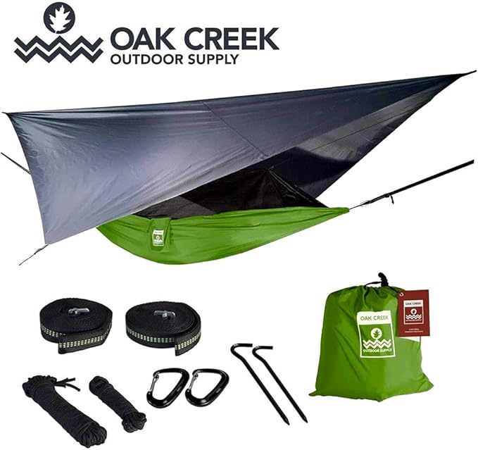 Oak Creek Camping Hammock and Accessories. Complete Package with Mosquito Bug Net Rain Fly Tree Straps. Great for Hiking Backpacking and Travel. Weighs Only 4 Pounds.