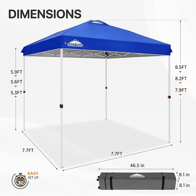 EAGLE PEAK Pop Up Canopy Tent with Wheeled Carry Bag 8 Stakes 4 Ropes Easy Set Up Tent Canopy 8x8 ft Blue