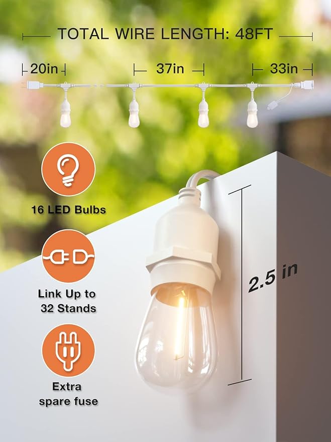 addlon 96FT(48FT*2) LED Outdoor String Lights Dimmable Edison Vintage Shatterproof Bulbs and Commercial Grade Weatherproof Strand - ETL Listed Heavy-Duty Decorative Cafe Patio Market Light White